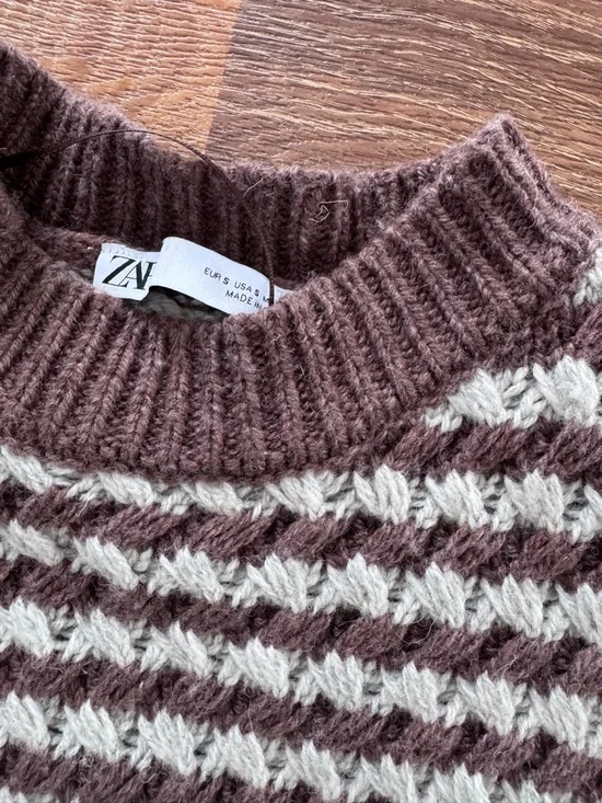 Zara Brown and Cream Striped Crewneck Sweater - Picture 3 of 3